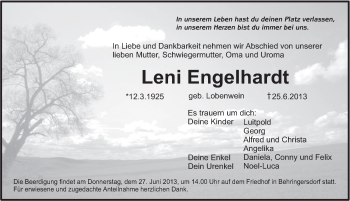 Traueranzeige von Leni Engelhardt von Pegnitz-Zeitung